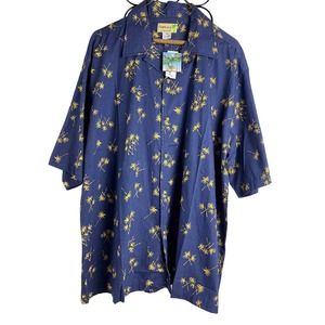 Tropicals Vintage Blue/Gold Palm Tree 100% Cotton Mens Size M Button Up Shirt